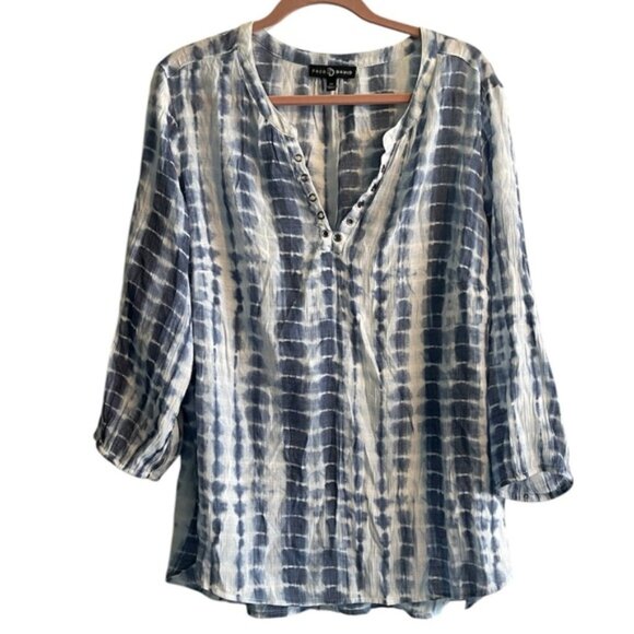 Blue Tie-Dye Gauzy Women's Top Blouse 2X Plus Size Fred David 3/4 Sleeves - Picture 1 of 8
